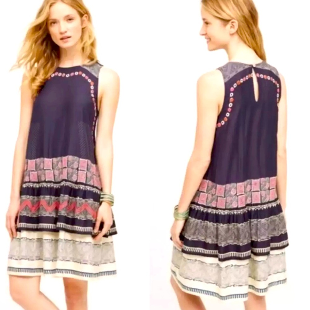 Norblack Norwhite Anthropologie Blue Boho embroidered Sleeveless Dress Medium